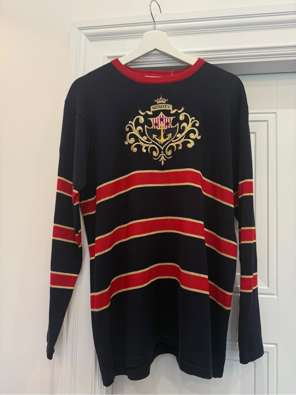 Vintage JH Collectibles Nautical knit striped sweater 89s 90s medium gold anchor
